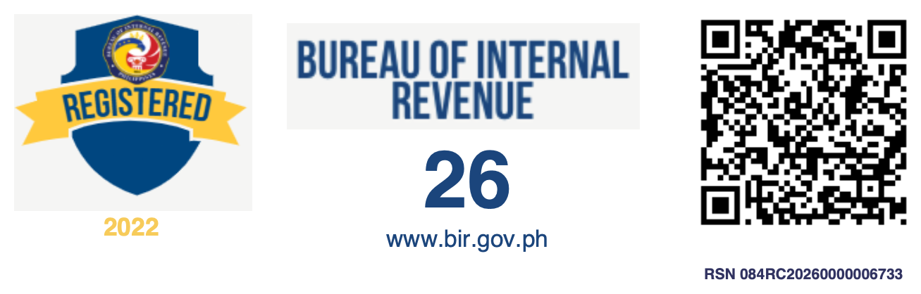 Bureau of Internal Revenue registration seal, registered, RDO 26, RSN 084RC20260000006733